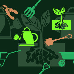 Editable Vector of Flat Style Gardening Equipment Illustration Icons in Various Monochrome Color as Seamless Pattern With Dark Background for Gardening and Farming Related Purposes