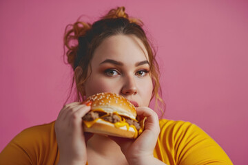 Very fat girl on pink background with fast food in her hands, the harm of food