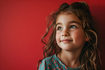A little five-year-old girl with curly hair and blue eyes smiles against a red wall generated AI
