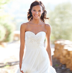 Bride, happy woman in portrait and dress for wedding with celebration outdoor, summer or spring...