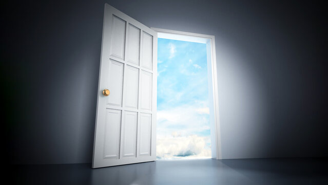 Open door in the dark room leading to the blue sky. 3D illustration
