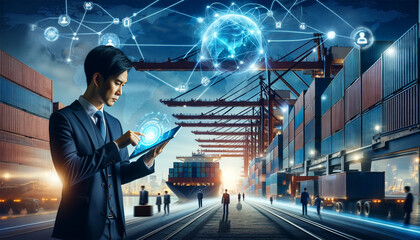 A futuristic smart technology concept in a global logistics setting. The scene features a busy industrial port
