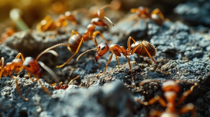 A group of ants can be seen walking on top of a pile of dirt. This image can be used to illustrate teamwork, nature, or small creatures in their natural habitat