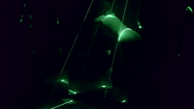 delightful slender woman dancing in dark nightclub, rear view of sexy body, silhouette