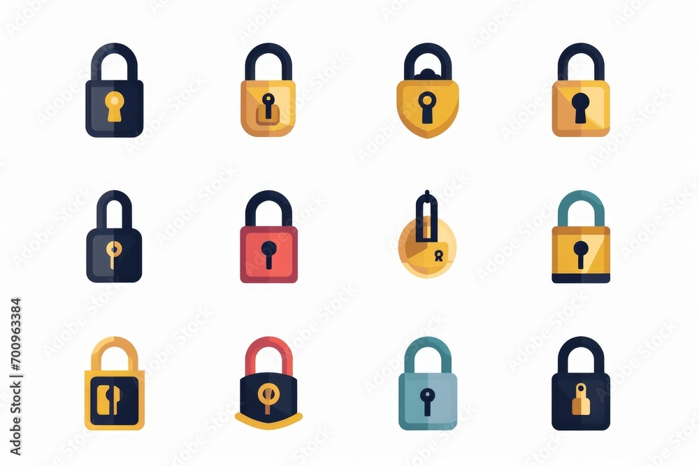Poster A set of different colored padlocks on a white background. Perfect for concepts related to security, privacy, and protection. Ideal for website banners, blog posts, and presentations