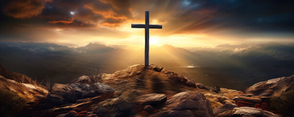 Light and ray of light shining through the sky and clouds on the hill of Golgotha. Holy cross background symbolizing the death and resurrection of Jesus. Easter.