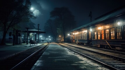 Fototapeta premium Passenger platform at night on the railway station. Train station at night.