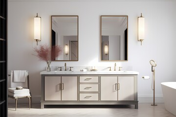 A modern classic minimalist bathroom with a double vanity, minimalist sconce lighting, and a large mirror, offering a sense of spaciousness.