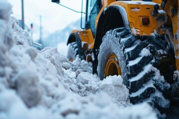 A tractor is parked in a pile of snow. This image can be used to depict winter scenes or showcase machinery in snowy conditions