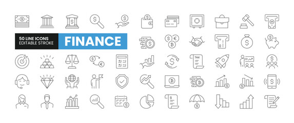 Set of 50 Finance line icons set. Finance outline icons with editable stroke collection. Includes Money, Bank, Savings, Global Business, Tax, and More. - obrazy, fototapety, plakaty