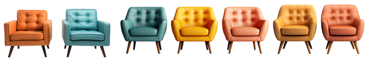 Collection of modern different color armchair on a transparent png background