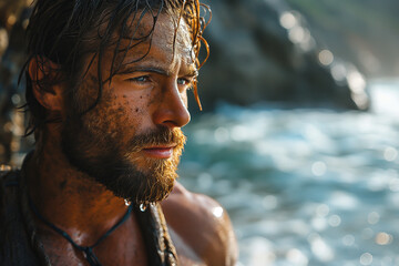 Fototapeta na wymiar Coastal Elegance: Young, Attractive, Muscular Man Graces Water's Horizon