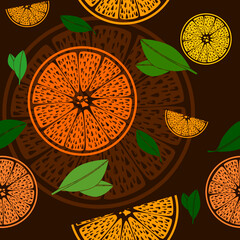 Editable Flat Style Orange with Leaves Vector Illustration Seamless Pattern With Dark Background for Decorative Element About Healthy Life or Farming