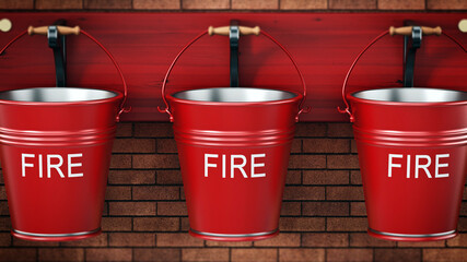 Vintage fire buckets hanging on the wall. 3D illustration - obrazy, fototapety, plakaty