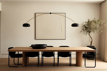 A modern classic minimalist dining room featuring a rectangular wooden table, upholstered chairs, and a minimalist pendant light fixture above.