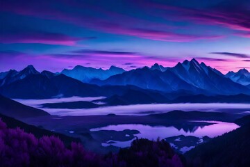 sunrise in mountains and magical purple sky 