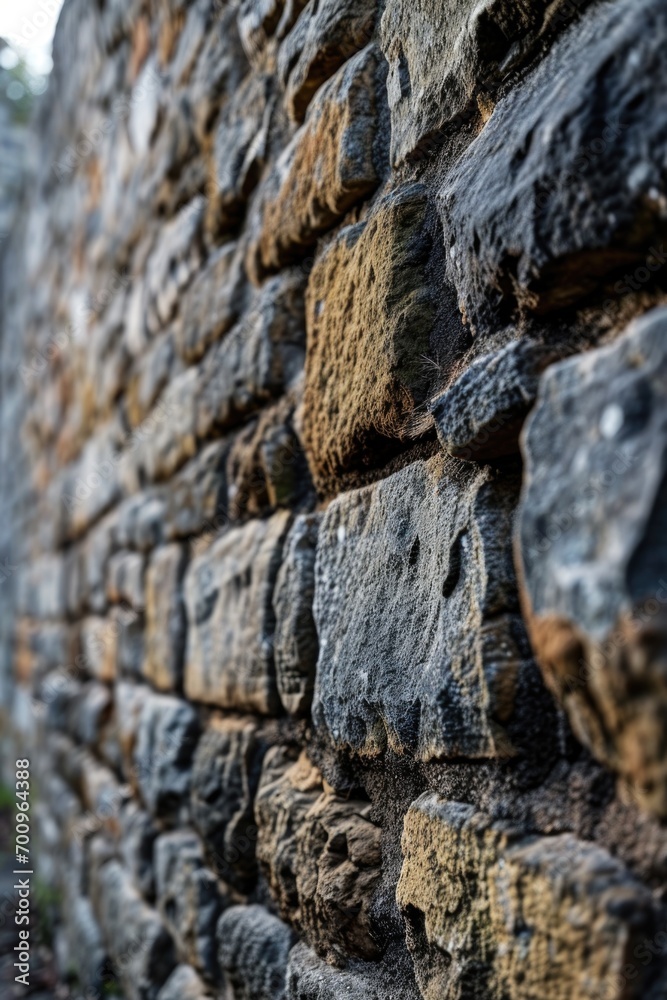 Poster A close-up view of a stone wall with a clock. This image can be used to represent time, history, or the passing of time in various projects
