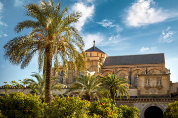 Exterior view of the cathedral of Cordoba, Andalusia, Spain inside the mosque grounds with blue sky