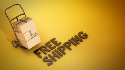 Hand transport truck and free shipping text. 3D illustration