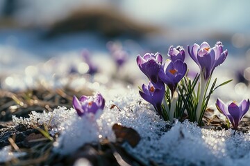 A group of purple crocus flowers emerging from the snow. Perfect for winter landscapes or...