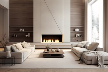 A modern classic minimalist living room with a monochromatic color scheme, a modular sofa, and a minimalist fireplace, creating a contemporary yet timeless space.