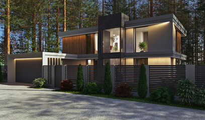 3D visualization of a modern house in the forest. Modern architecture. House with panoramic windows. Evening illumination