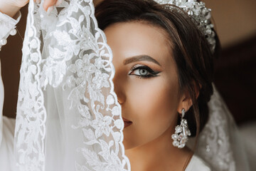 A beautiful brunette bride with a tiara in her hair is getting ready for the wedding in a beautiful robe in boudoir style. Close-up wedding portrait, photo. - obrazy, fototapety, plakaty