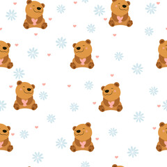 Cute hand-drawn seamless pattern with bears, flowers and hearts