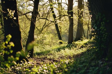 Sunlight streaming through the trees in a serene forest. Perfect for nature and outdoor themed designs