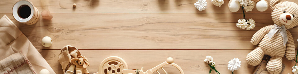 table with beige toys and teddy and copy space - obrazy, fototapety, plakaty