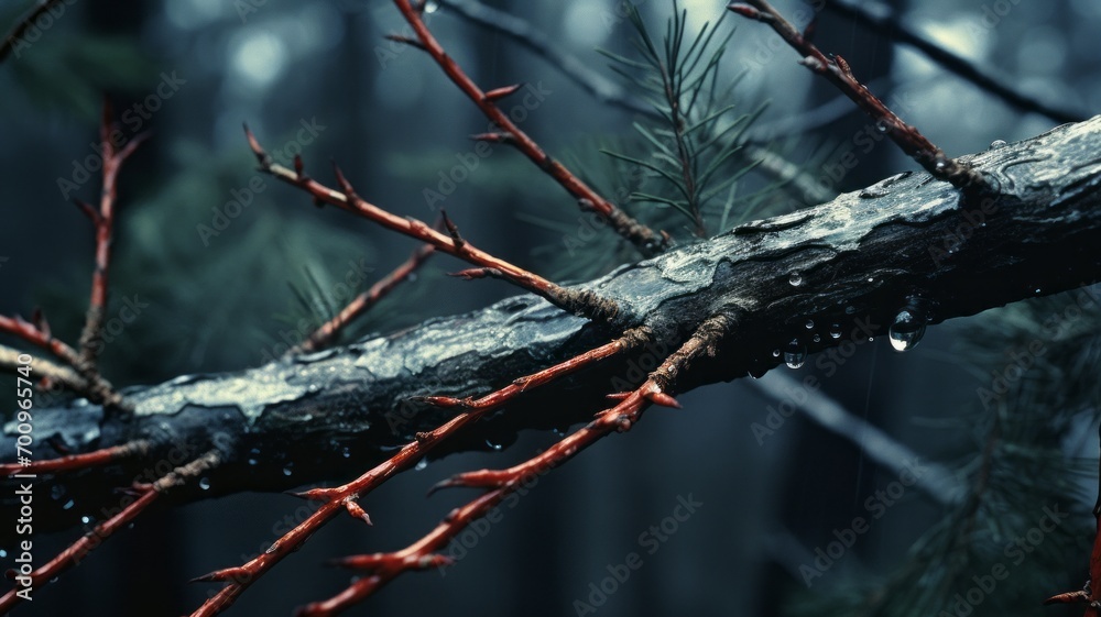 Poster a detailed close-up of a tree branch, showing needles drooping and detaching.