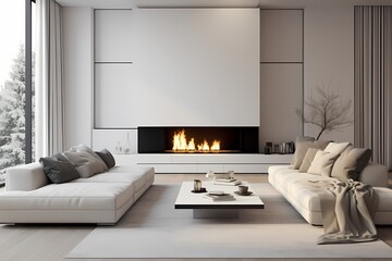 A modern classic minimalist living room with a monochromatic color scheme, a modular sofa, and a minimalist fireplace, creating a contemporary yet timeless space.