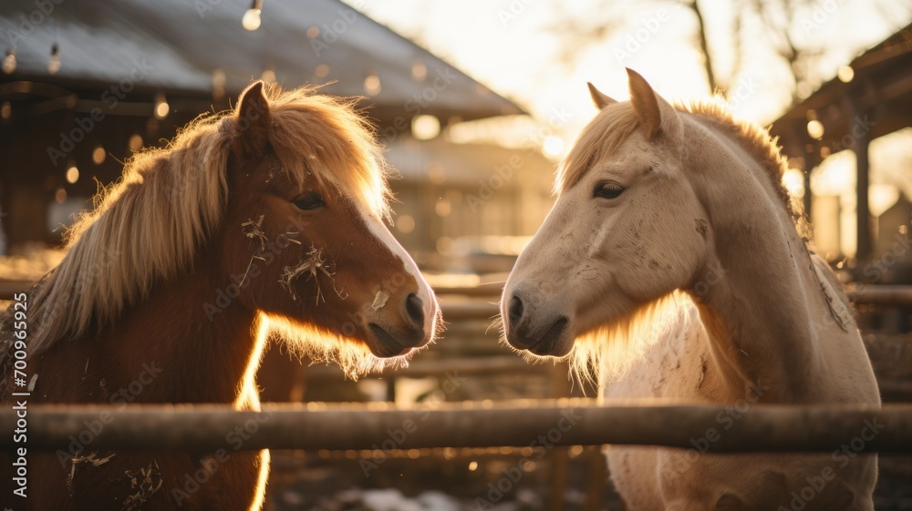 Poster A whimsical scene of horses playfully interacting with each other across their stable partitions.
