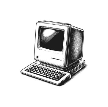 Hand drawn of vintage 1980s personal computer. Vector illustration.
