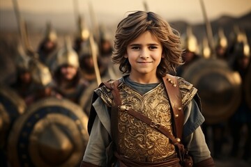 Portrait of a boy in armor against the backdrop of the ancient city