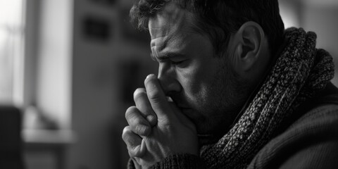 A man in a scarf is shown in prayer. This image can be used to depict spirituality and devotion - obrazy, fototapety, plakaty