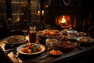 Fototapeta premium Family food dinner set at night on wooden table with dim lights in wide kitchen.