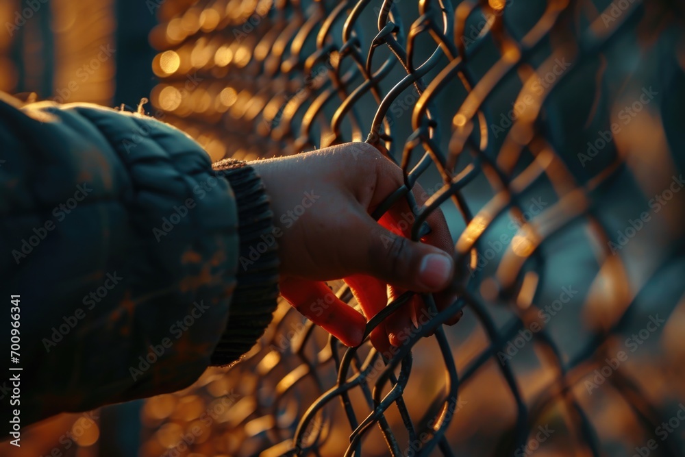 Aufkleber a person's hand is touching a chain link fence. this image can be used to depict concepts such as re