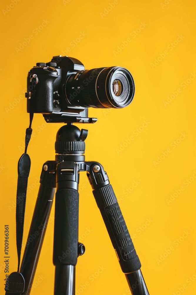 Poster A camera mounted on a tripod, ready for capturing stable and professional photographs. Suitable for various photography projects
