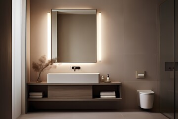 Fototapeta na wymiar A modern classic minimalist washroom featuring a freestanding sink, a frameless mirror, and a minimalist sconce, exuding elegance and simplicity.