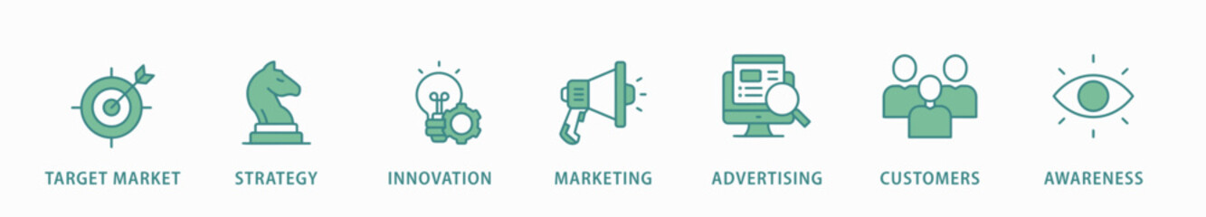Brand banner web icon vector illustration concept with icon of target market, strategy, innovation, marketing, advertising, customers, and awareness