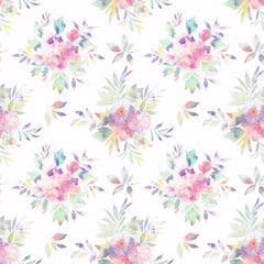 Fototapeta na wymiar Seamless floral pattern with flowers and leaves, watercolor illustration. Template design for wrapping paper, textiles, wallpaper, interior, clothes, postcards.