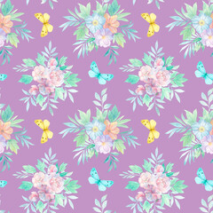 Seamless floral pattern with flowers and leaves, watercolor illustration. Template design for wrapping paper, textiles, wallpaper, interior, clothes, postcards.