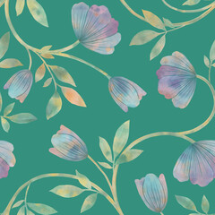 Watercolor abstract pattern of flowers and leaves on a green background, hand drawn for packaging or textile design