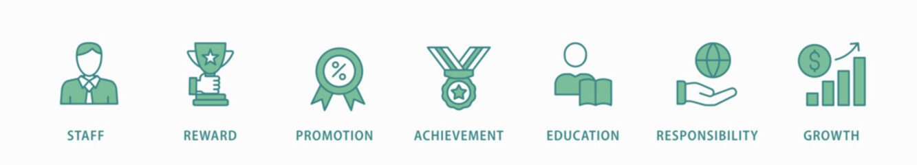 Employee motivation banner web icon vector illustration concept with icon of staff, reward, promotion, achievement, education, responsibility and growth - obrazy, fototapety, plakaty