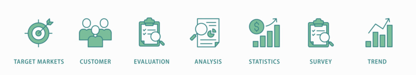 Market research banner web icon vector illustration concept with icon of target markets, customer, evaluation, analysis, statistics, survey and trend