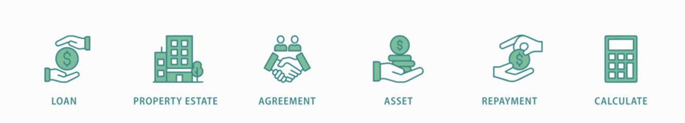Obraz premium Mortgage banner web icon vector illustration concept with icon of loan, property estate, agreement, asset, repayment and calculate