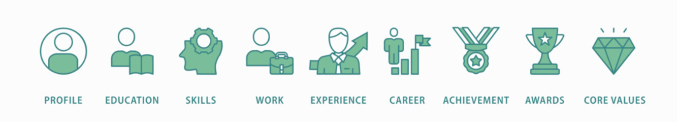 Resume banner web icon vector illustration concept with icon of profile, education, skills, work experience, career, achievement, awards, core values