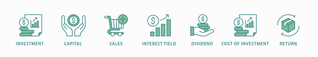 Roi banner web icon vector illustration concept for return on investment with icon of capital, sales, interest tield, dividend, cost of investment and return