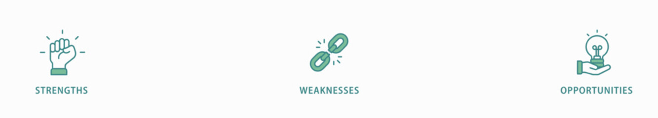 SWOT banner web icon vector illustration concept for strengths, weaknesses, threats, and opportunities analysis with an icon of value, goal, break chain, low battery, growth, check, minus, and crisis